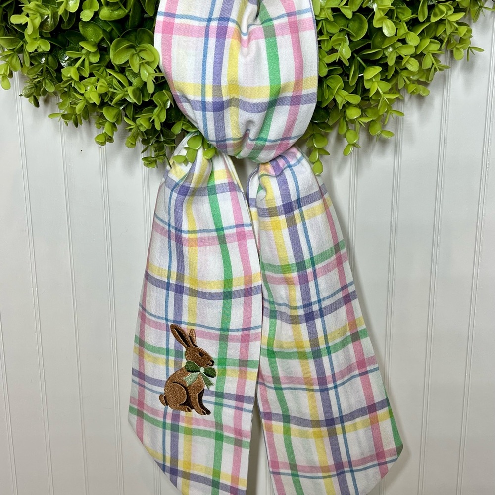 Plaid Wreath Sash with Embroidered “Chocolate” Easter Bunny
